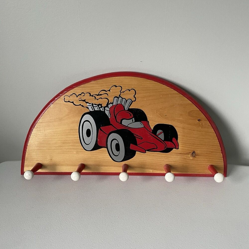 Handmade Vintage Wood Wall Hanging Rack Red Race Car Boys Room Home Decor